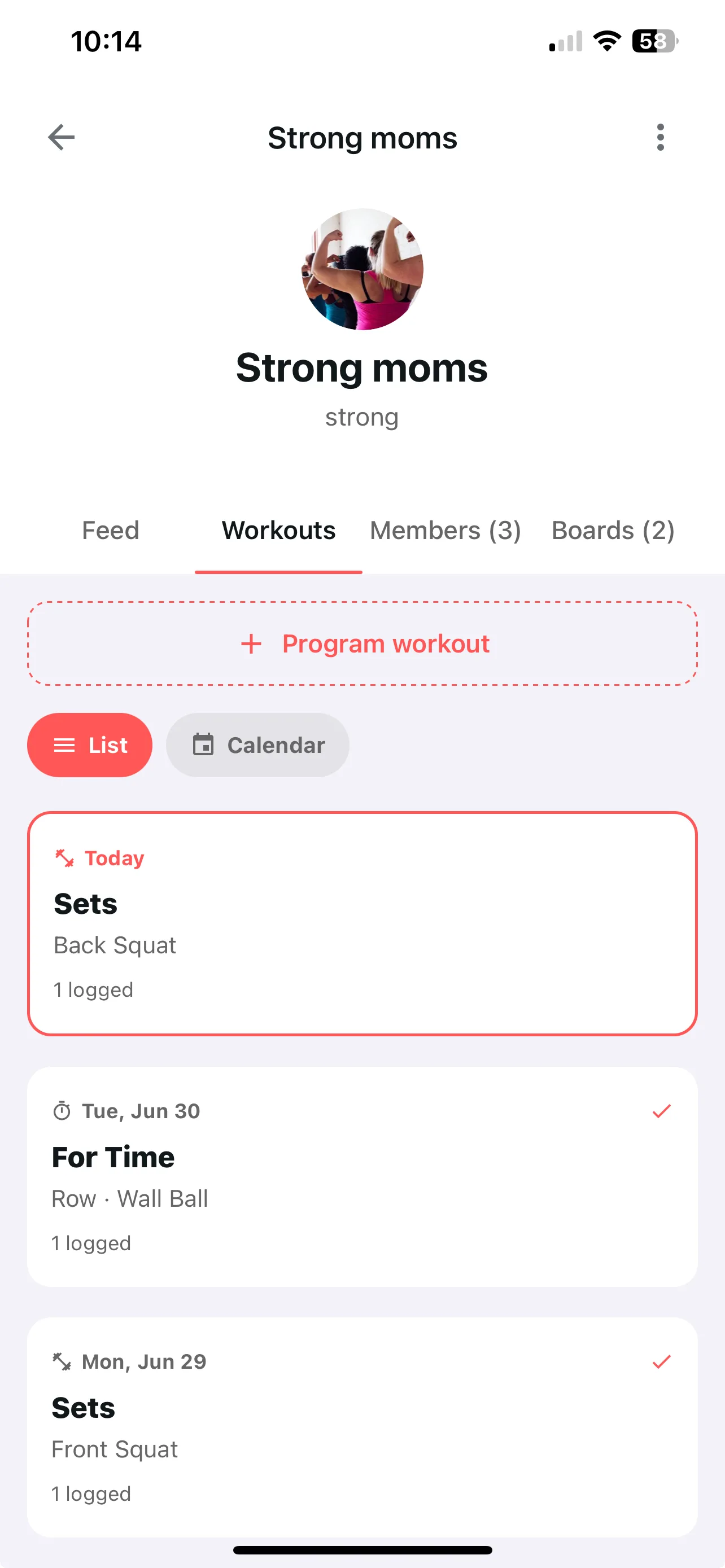 Group page showing a shared list of programmed workouts