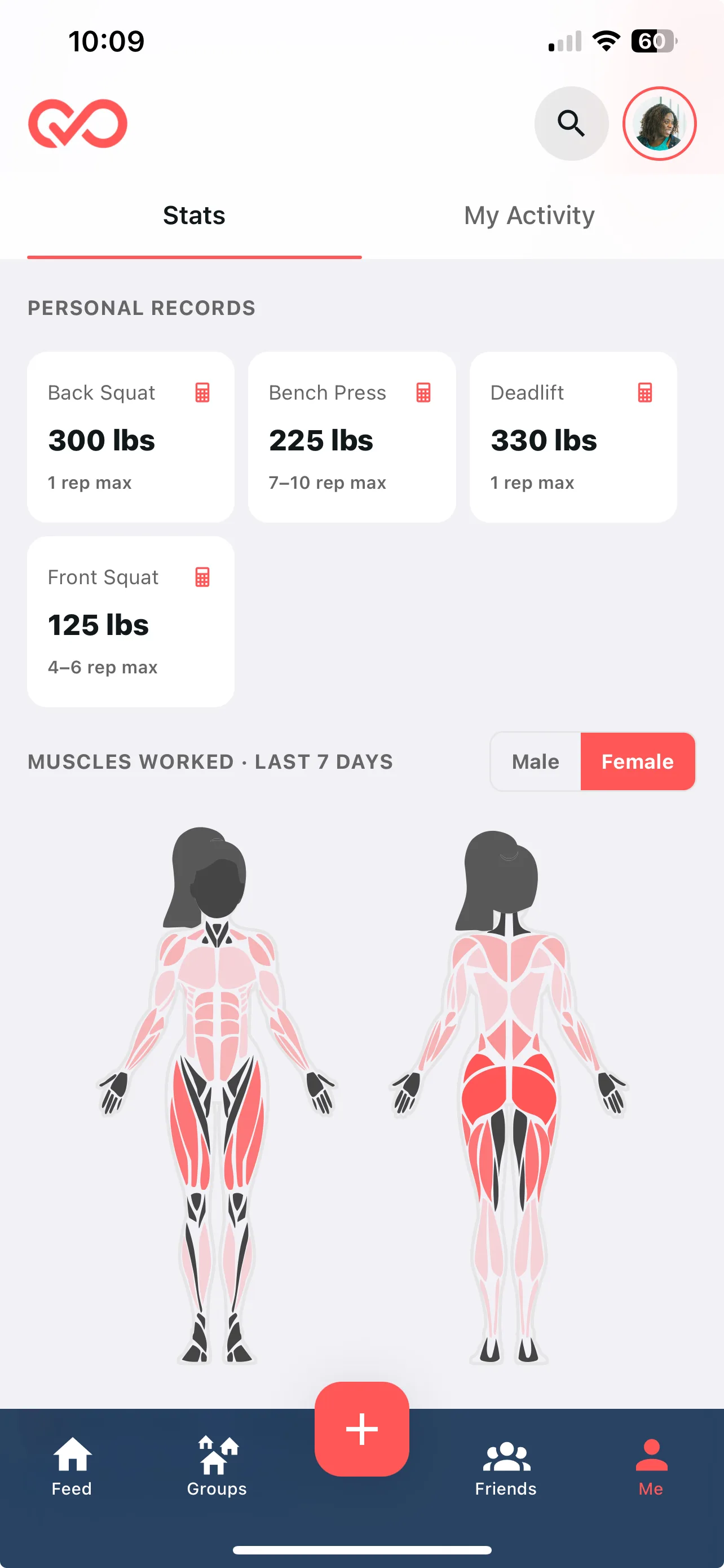 Stats screen showing personal records and muscles worked