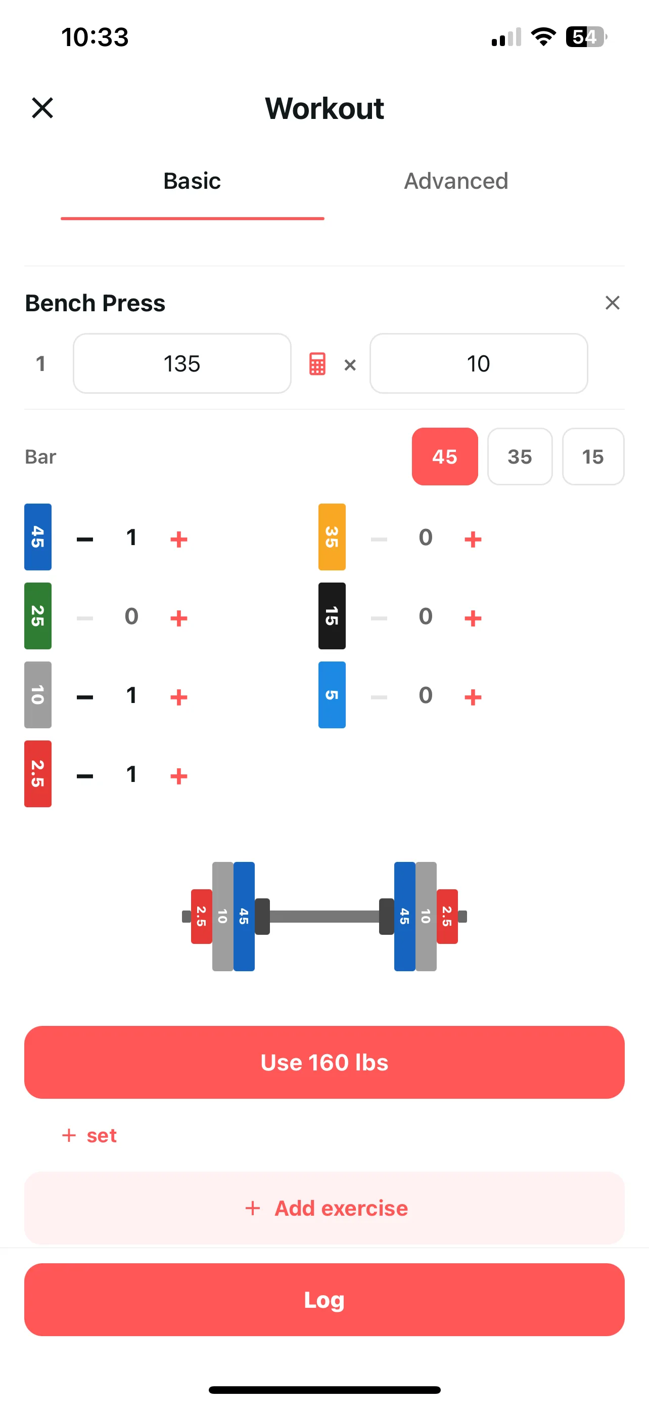 Workout logging screen with bar and plate calculator